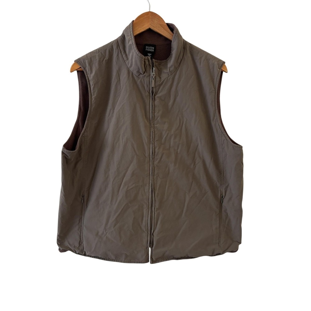 Eileen Fisher Fleece Lined Vest Womens XL Brown Zip Front Travel Layer Hiking